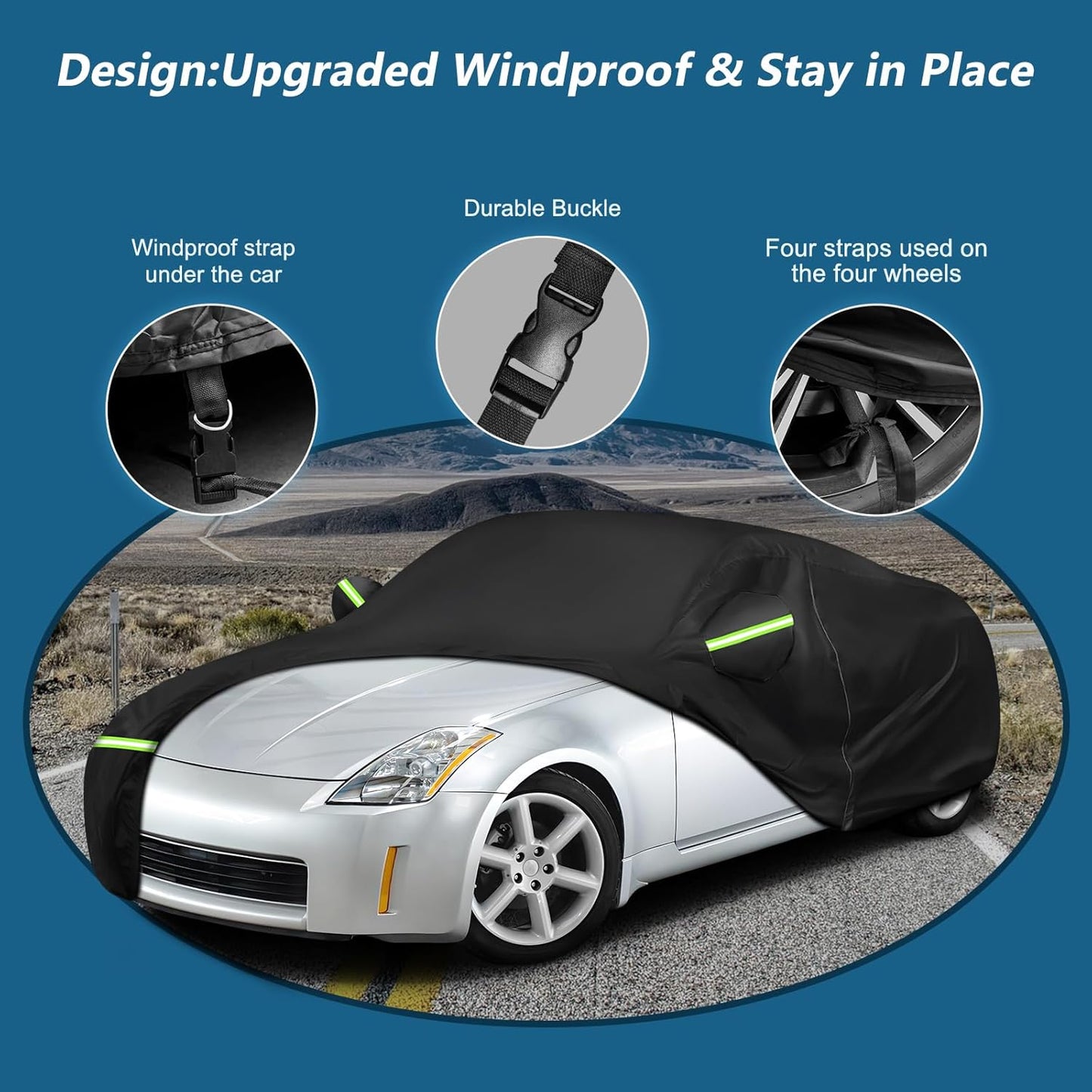 Car Cover Waterproof for 2003-2009 Nissan 350Z,210D Oxford Cloth with Cotton Outdoor Car Covers with Zipper Windproof Heavy Duty All Weather (Black)