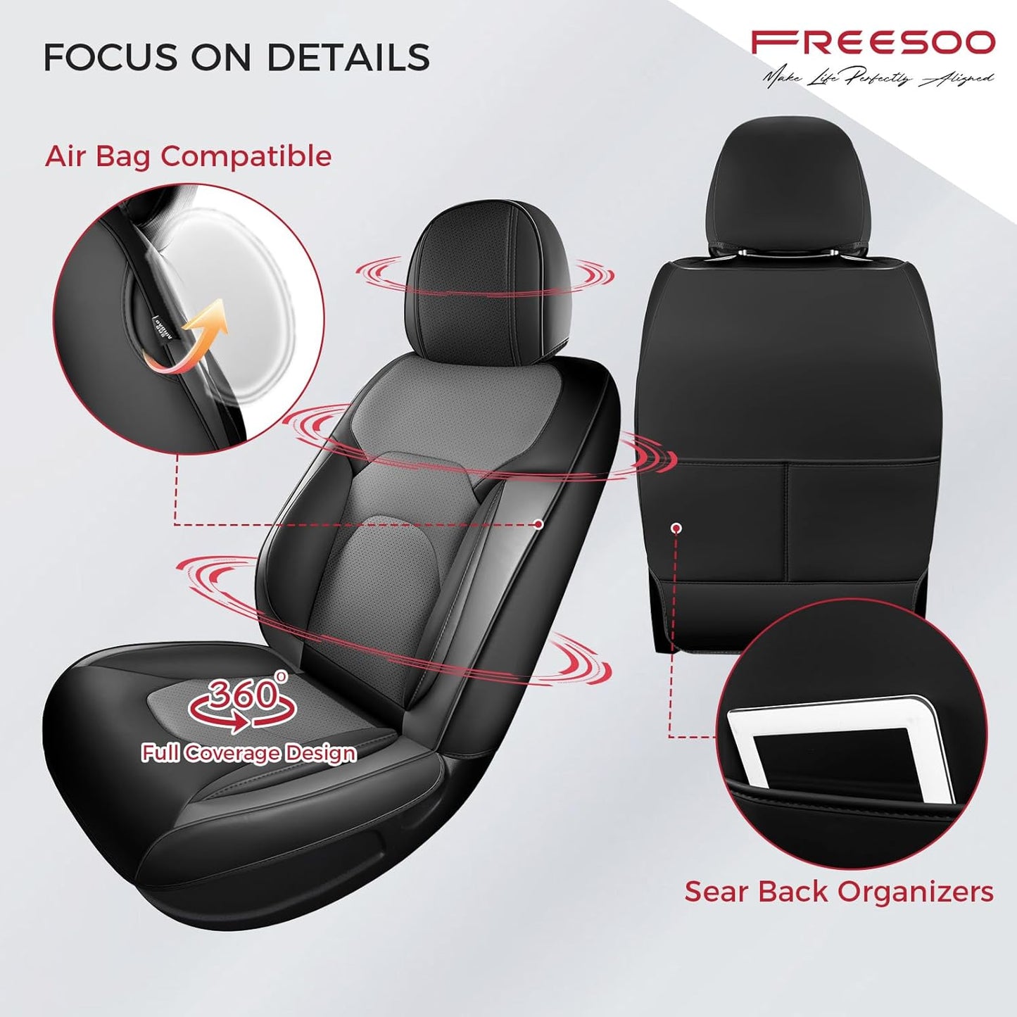 FREESOO Car Seat Covers Full Set,Waterproof Automotive Seat Covers, Leather Cars Interior Covers, Seats Protection Universal fit Babies & Adult (Black Grey)