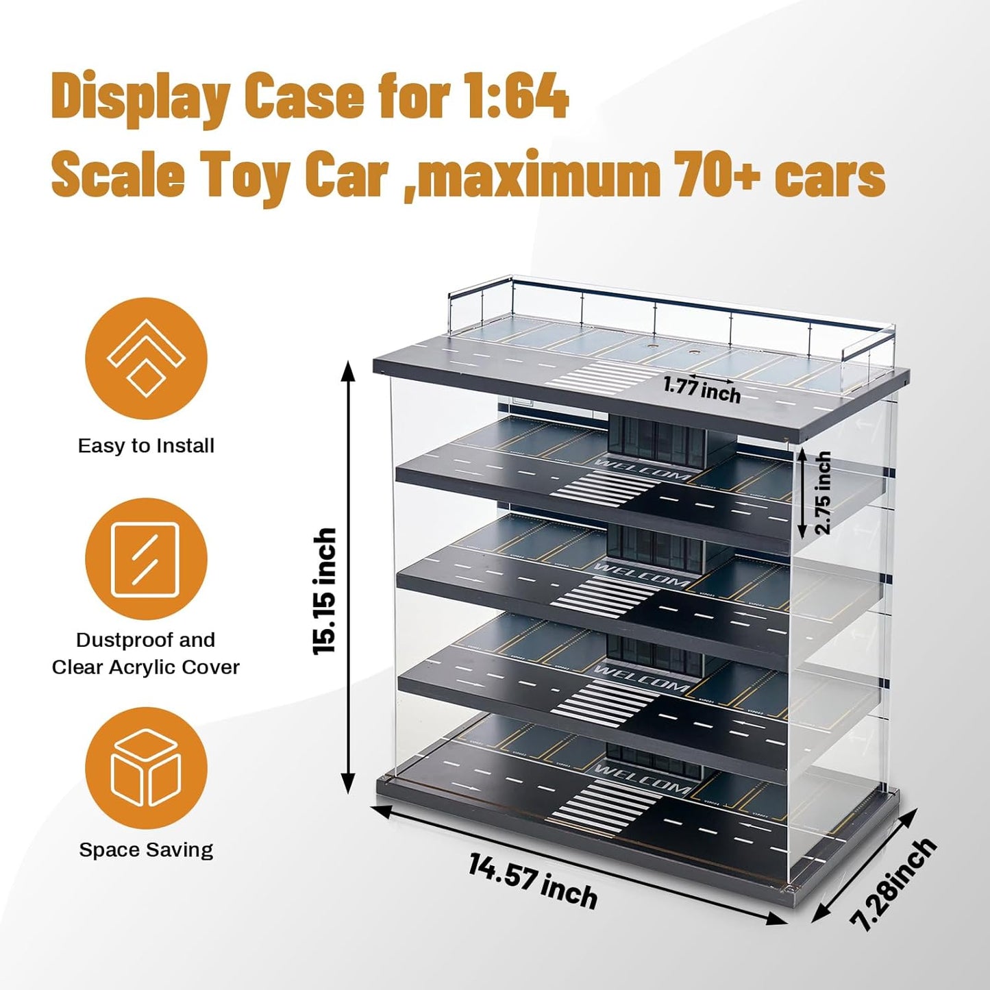 Display Case Compatible with Hot Wheels Garage & Matchbox Cars with LED Light 1/64 Scale Diecast Toy Cars Storage Case 5 Level Holds Max 75 Cars Storage Case for Hot Wheels Garage Gifts for Collector