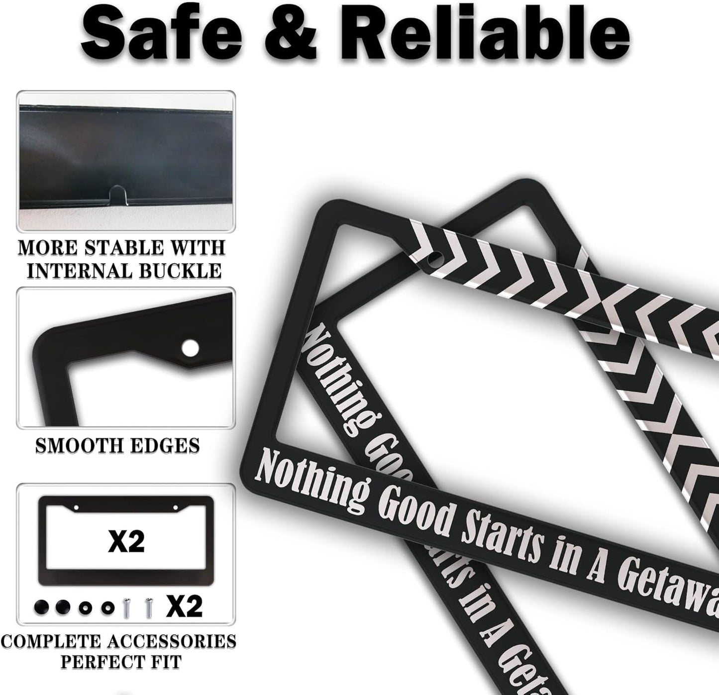 License Plate Frames Black and White Fun License Plate Frame Cover Nothing Good Starts in a Getaway Car Universal Aluminum Car Accessory 2 Pack with Screw Covers Set