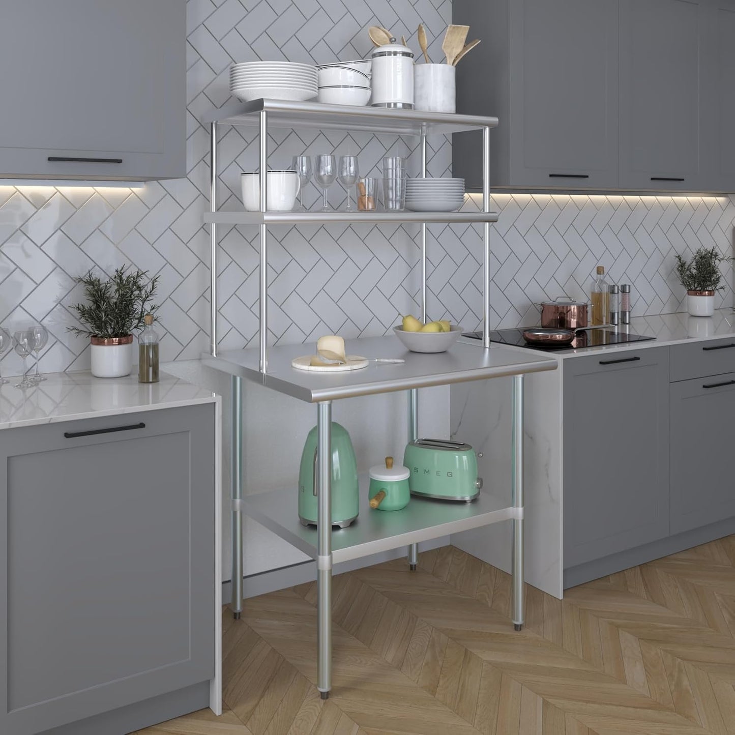 Amgood Stainless Steel Work Table Double Tier Overshelf | Metal Kitchen Prep Table & Shelving Combo (30" x 36" Work Table + 18" Overshelf)