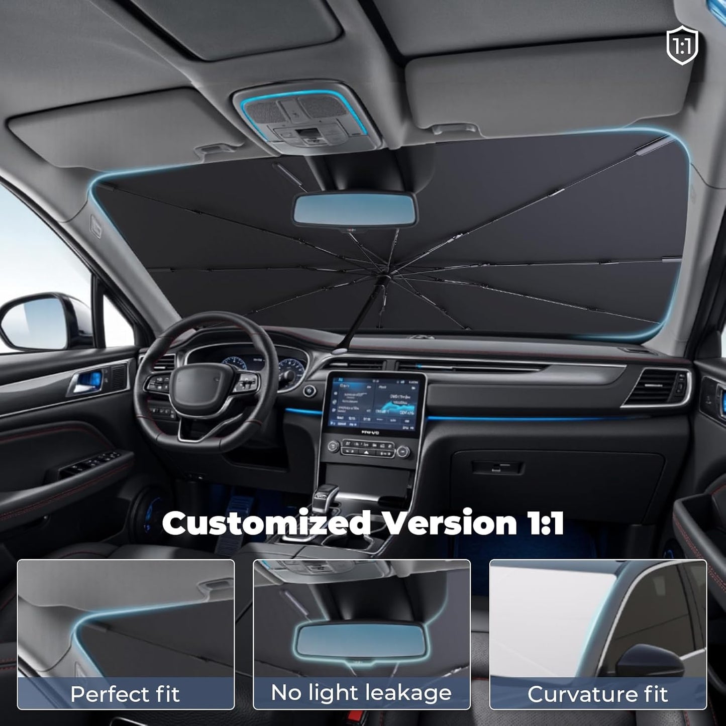 Windshield Sun Shade Umbrella Compatible with 2023-2025 Mercedes Benz GLC Accessories: Custom Fit 240T Silver, Double Thickened Foldable Window Sunshade, Ultimate 99% UV Blocking for 300, 350e, 43, 63