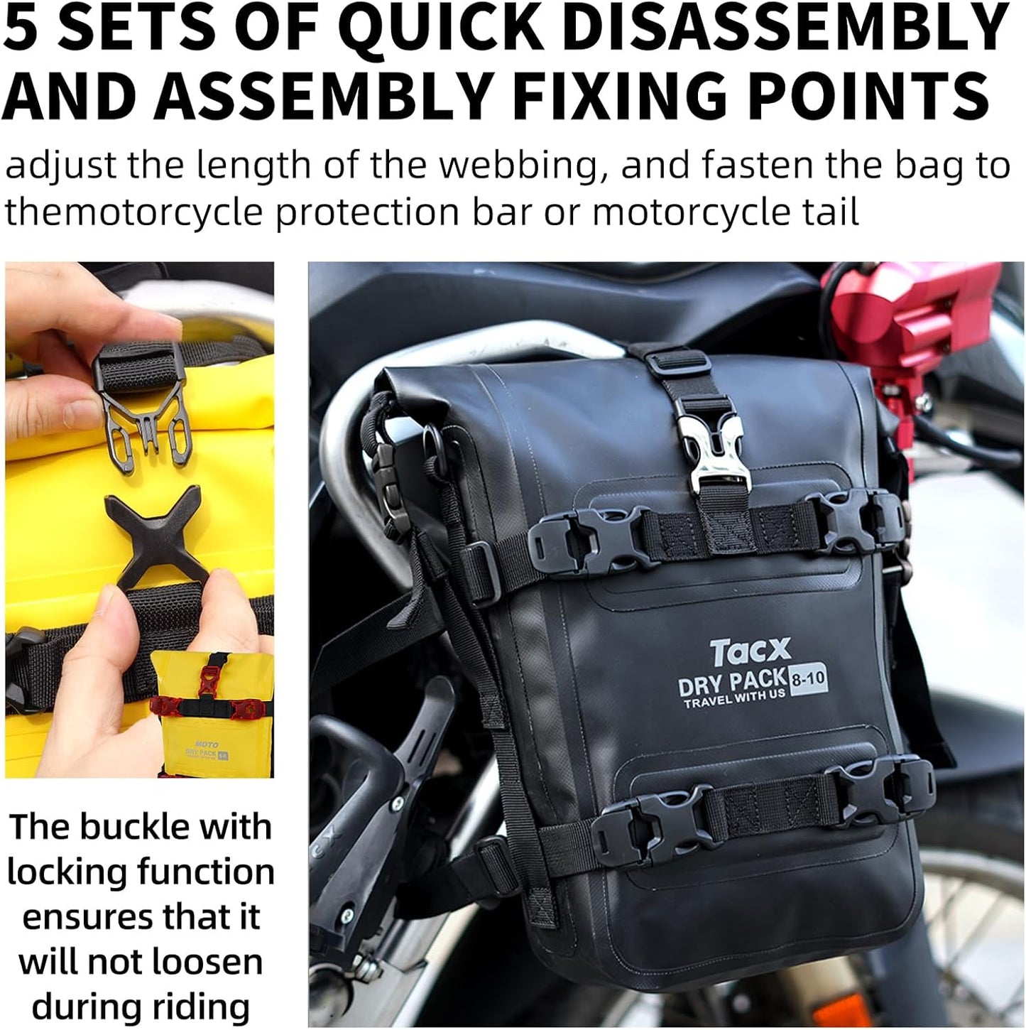 Motorcycle Tail Bag Front Bumper Bag, 12L Roll-top Waterproof Motor Saddle Panniers Luggage Bags for Motorcy-Black(12L)