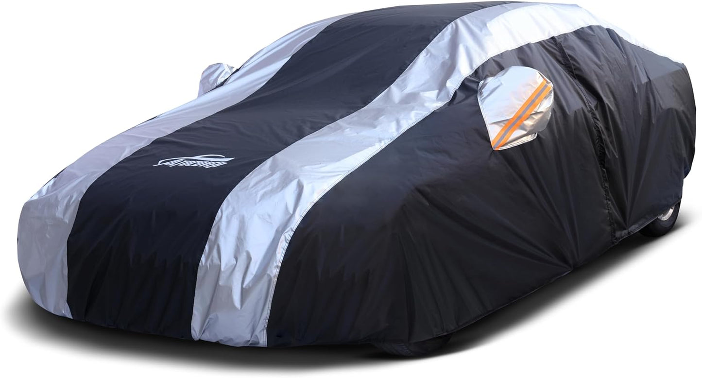 Car Covers for Automobiles All Weather Waterproof with Silver Stripe Design, Universal Fit Ford Mustang, Chevrolet Camaro, Toyota Camry, Honda Accord Civic, Nissan Altima,Tesla Model 3