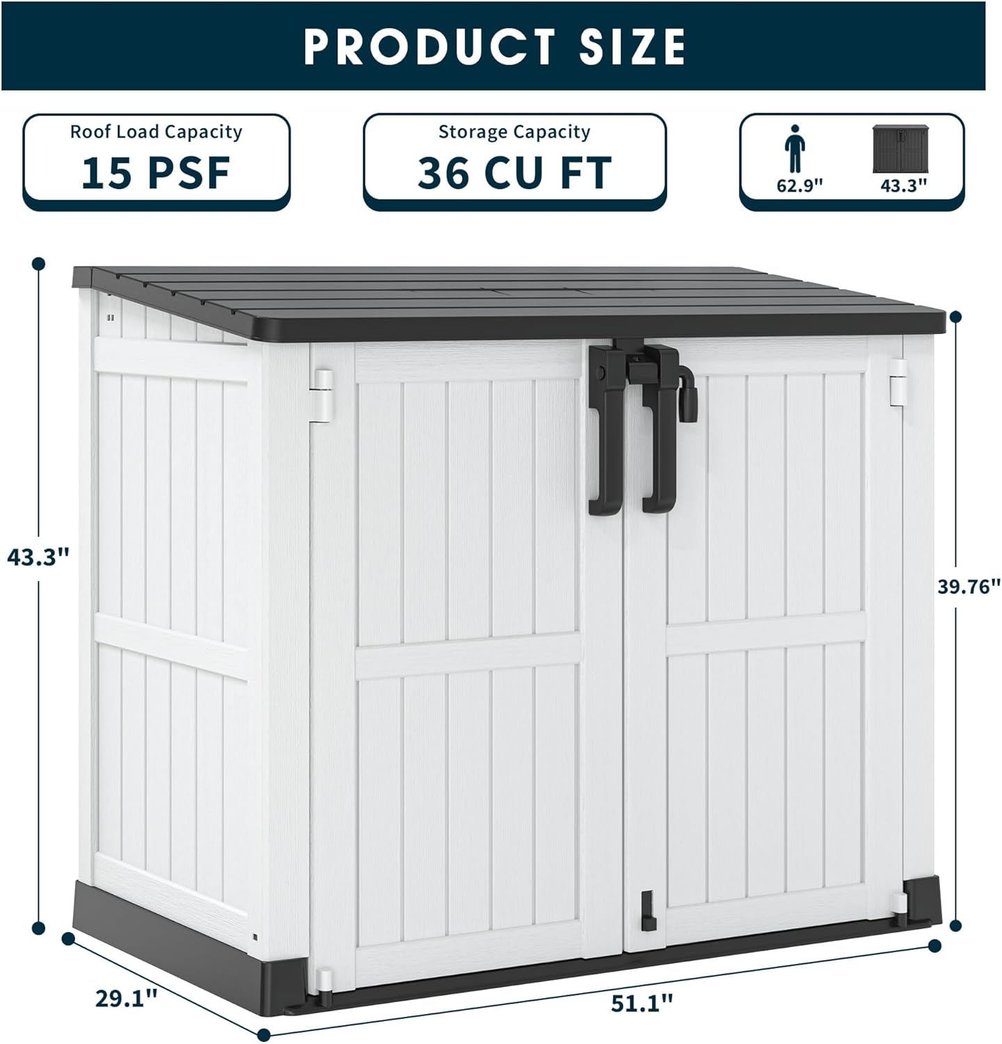 Outdoor Storage Shed 36 Cu. Ft. Resin Garden Horizontal Storage Large Capacity Weather Resistant Storage Box, Lockable Resin Waterproof Shed for Garbage Cans, Garden Tools