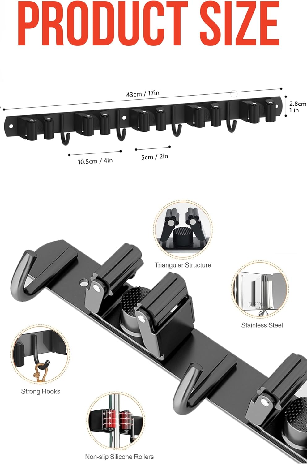 2 Pack Mop and Broom Holder Wall Mount, Upgraded Broom Hanger Wall Mount, Stainless Steel Broom Organizer for Closet Garage Laundry Room Kitchen Wall Decor Black 5R4H