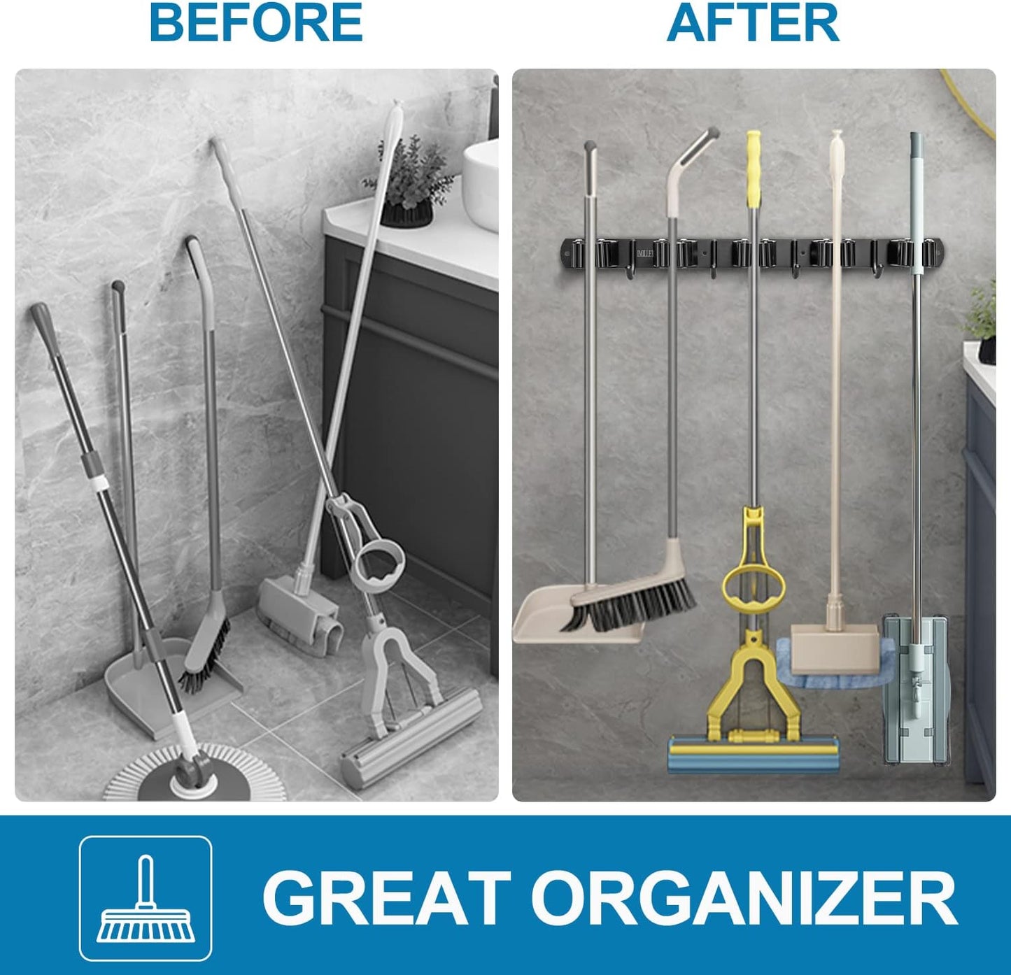 IMILLET Broom Holder Wall Mount, Broom Holder Stainless Steel Heavy Duty Garage Organization Broom Organizer Wall Mount Self Adhesive Laundry Room Organization and Storage（5 Racks and 4 Hooks）