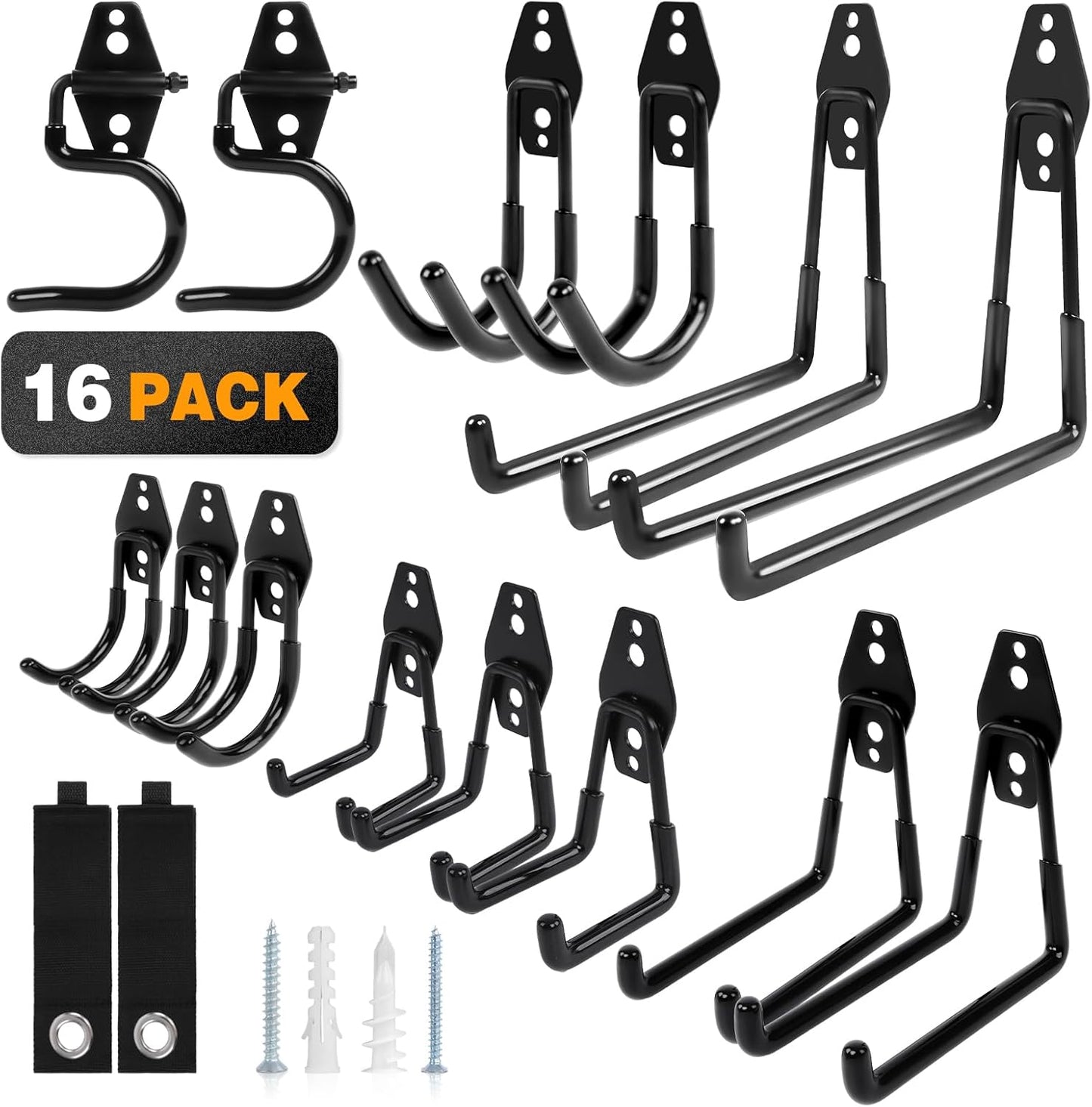 Steel Garage Storage Hooks, 16-Pack, Heavy Duty Wall Mount Hooks for Bike, Ladder, Garden Tools, Anti-Slip Coating