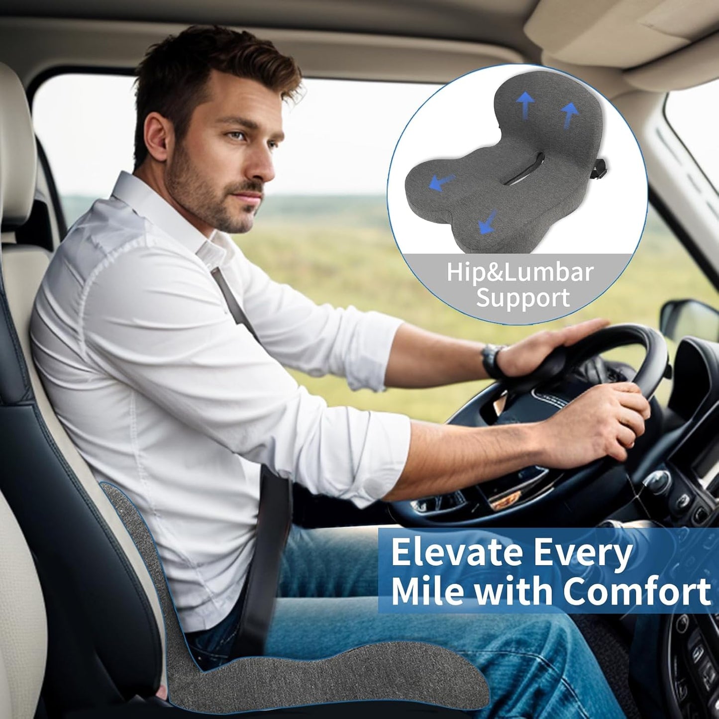 Memory Foam Seat Cushion,Office Chair Cushion with Lumbar Support for Back Pressure Relief, Car Seat Cushion with Adjustable Strap,Sciatica Pad Cushions for Car,Truck, Desk,Gaming Chair