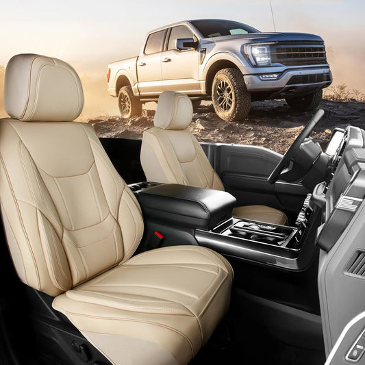 Coverland Custom Car Seat Covers Compatible with Silverado 1500, Frontier, Tacoma - Premium Leather Non-Slip Memory Foam Waterproof Interior Protector Front Seat-Beige [See Size Chart-Size A31]