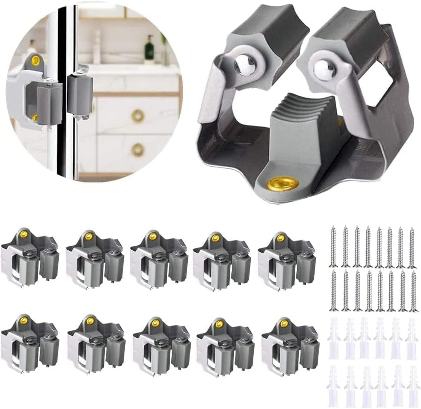 3-H 10 Pack Mop and Broom Holder Big Size Hanging 1 KG Extra, Broom Holder Wall Mount for Hanging and Organizing Shove Rake Yard Tools in Kitchen Shed Laundry Room Bathroom Garden(grey)