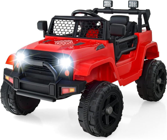 OLAKIDS Kids Ride On Truck, 12V Electric Vehicle Jeep Car with Remote Control, Toddlers Battery Powered Toy with 2 Speeds, Spring Suspension, Double Open Doors, LED Lights, Music, TF,USB, Mp3 (Garnet)