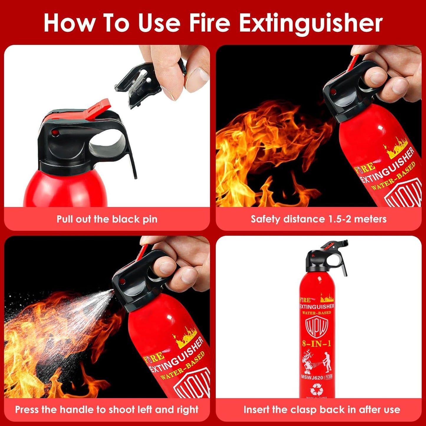 WPW 620ml Large Upgraded 8-in-1 Fire Extinguisher for Home with Wall Mount Portable Fire Extinguisher For Vehicle Car Boat Kitchen Emergency Supplies, Water-Based Solution For A, B, C, K Fire (2 Pack)
