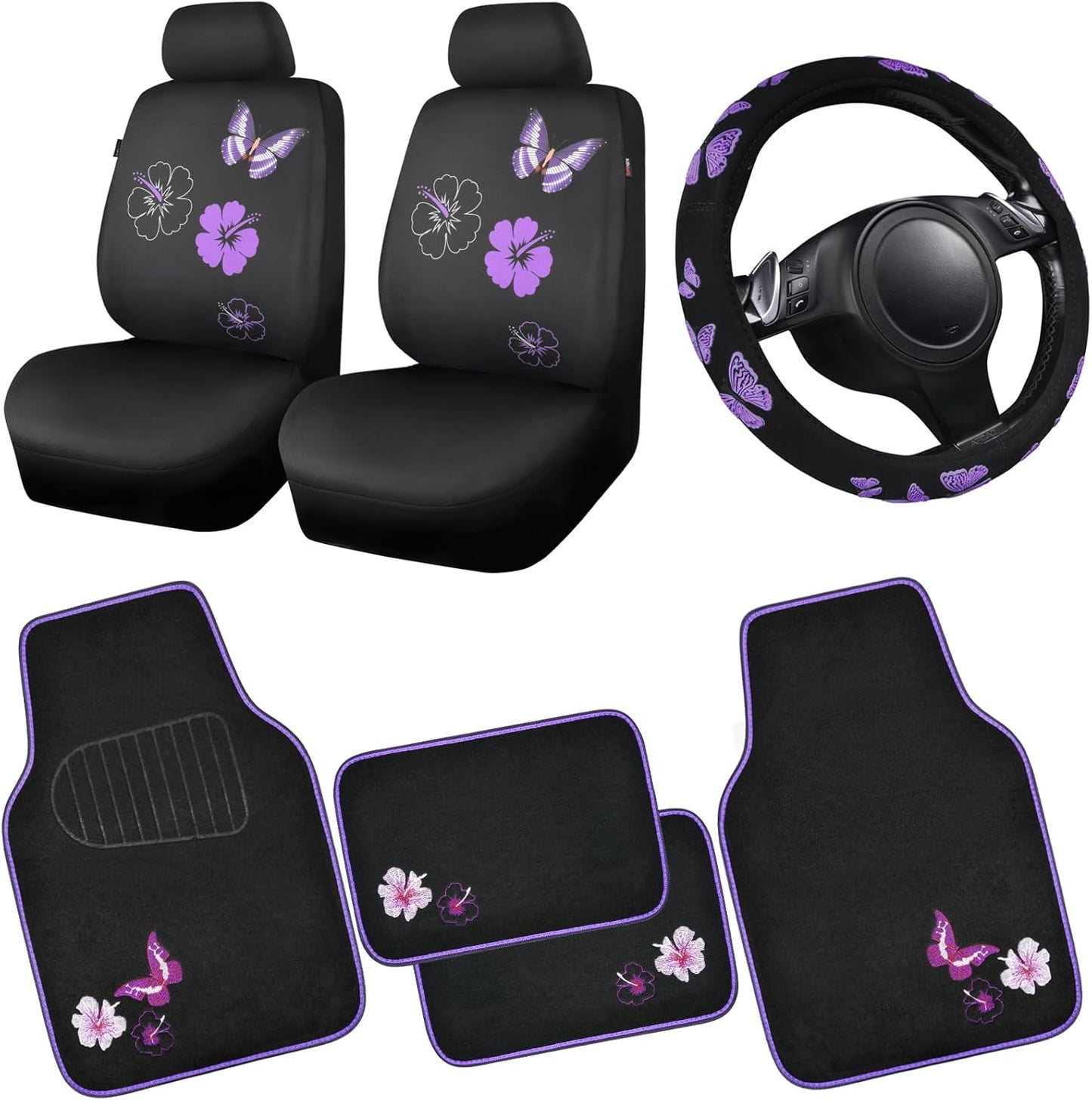 CAR PASS Universal Butterfly Car Seat Covers Front Set, Embroidered Flower Waterproof Car Floor Mats Carpet, Butterflies Steering Wheel Cover for Car Accessories Interior Sets (Black and Purple)