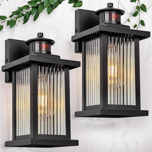 Porch Lights Outdoor Motion Sensor 2 Packs, Black Dawn to Dusk Outdoor Wall Light Fixture, Exterior Motion Sensor Light with Glass Shade, Rust Proof Motion Sensing Front Porch Light