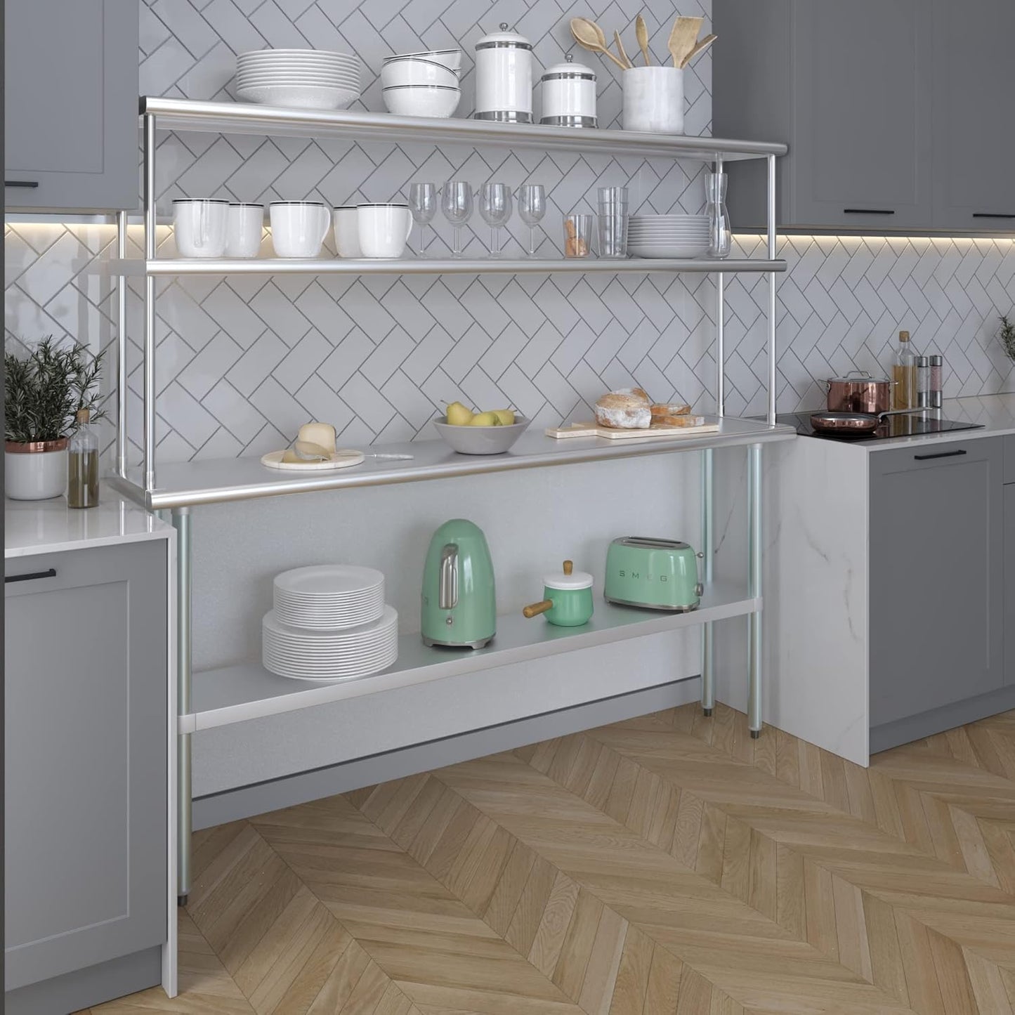 Amgood Stainless Steel Work Table Double Tier Overshelf | NSF (14" x 72" Work Table + 12" Overshelf)