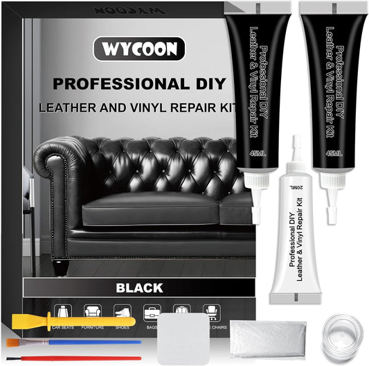 Black Leather & Vinyl Repair Kit, Fix Fading, Tears, Scratches, and Peeling on Leather and Vinyl Furniture, Car Seats, and Jackets, Easy Instruction with Color Mixing Guide