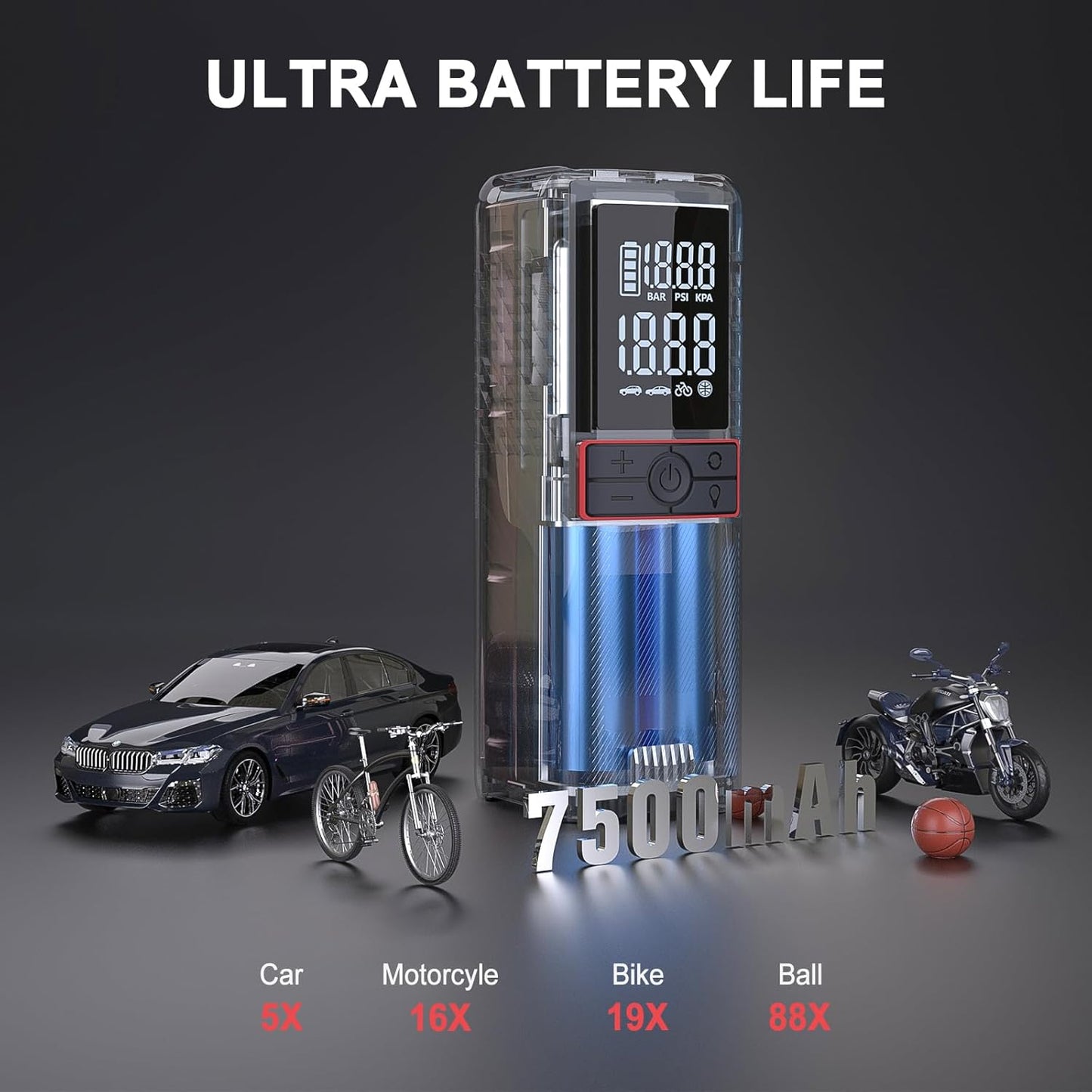 GOOLOO GT160 Tire Inflator Portable Air Compressor, 160PSI Portable Air Pump for Car Tires, 7500mAh Cordless Air Pump with Digital Pressure Suitable for Cars, Bikes, Balls, Motorcycles