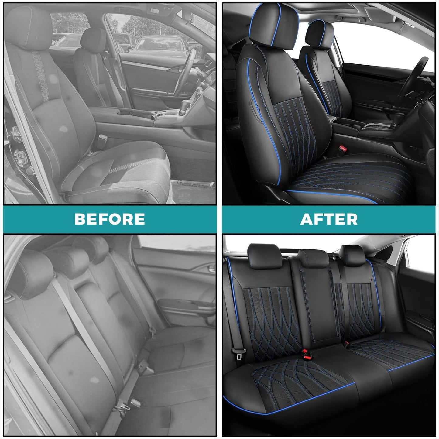 Seat Covers for Honda Civic Sedan EX-L, EX-T, EX, Touring, LX-P, Sport 2016 2017 2018 2019 2020 2021, Faux Leather Car Seats Cover Full Set(Rear Row 40/60 Split & Folding Backrest)-BlackBlue