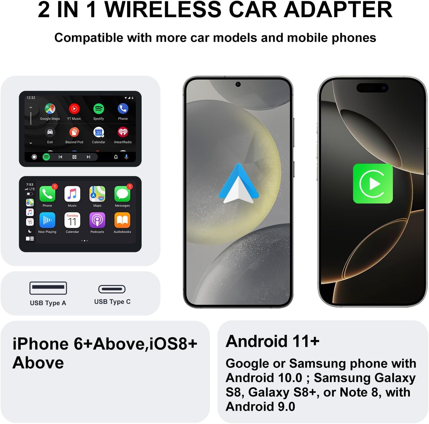 Wireless CarPlay & Android Auto Adapter – 2-in-1 Plug & Play Solution, Converts Wired Systems to Wireless, Compatible with iPhone & Android
