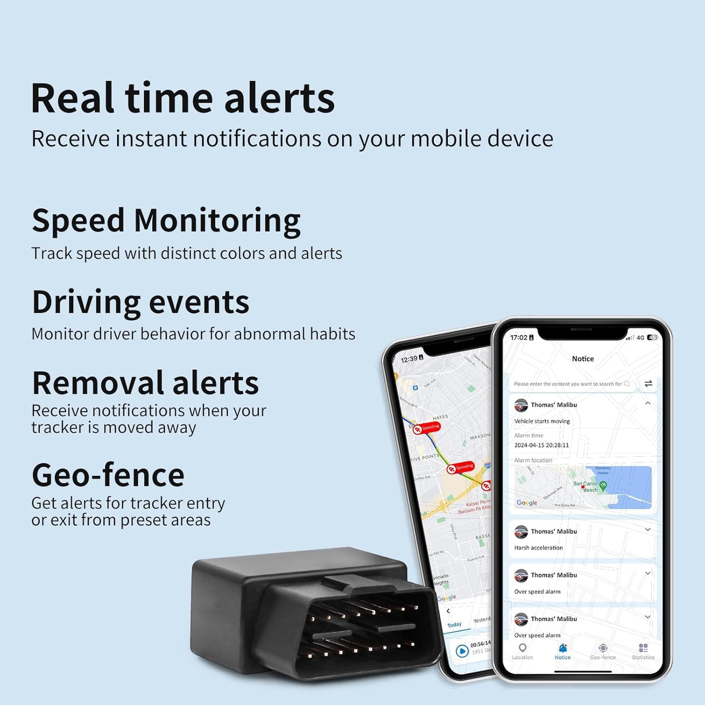 OBD GPS Tracker for Vehicles & Fleet, Plug in Car Tracker, 10-sec Real Time, 1-Year Trip Data, 5-Day Free Trial, Speeding and Driver Behavior Tracker for Teens, Mileage Log, Low Subscription