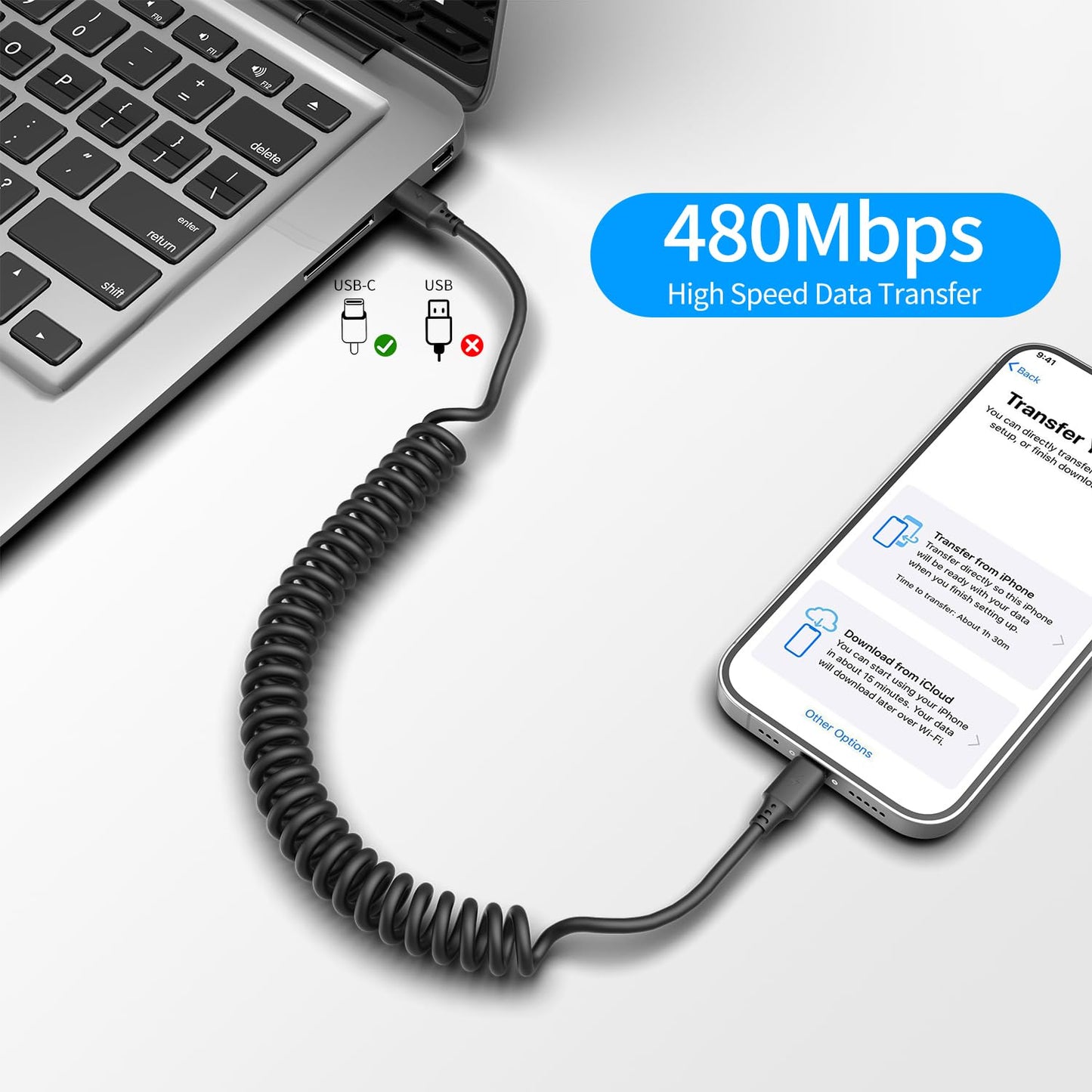 Coiled USB C to Lightning Cable 3FT, 2 Pack Short Car Charger Cord Fast Charging Retractable USB C to iPhone Cord for CarPlay Compatible with iPhone 14/13/12/11Pro/X/XR/8/7/6s/Plus