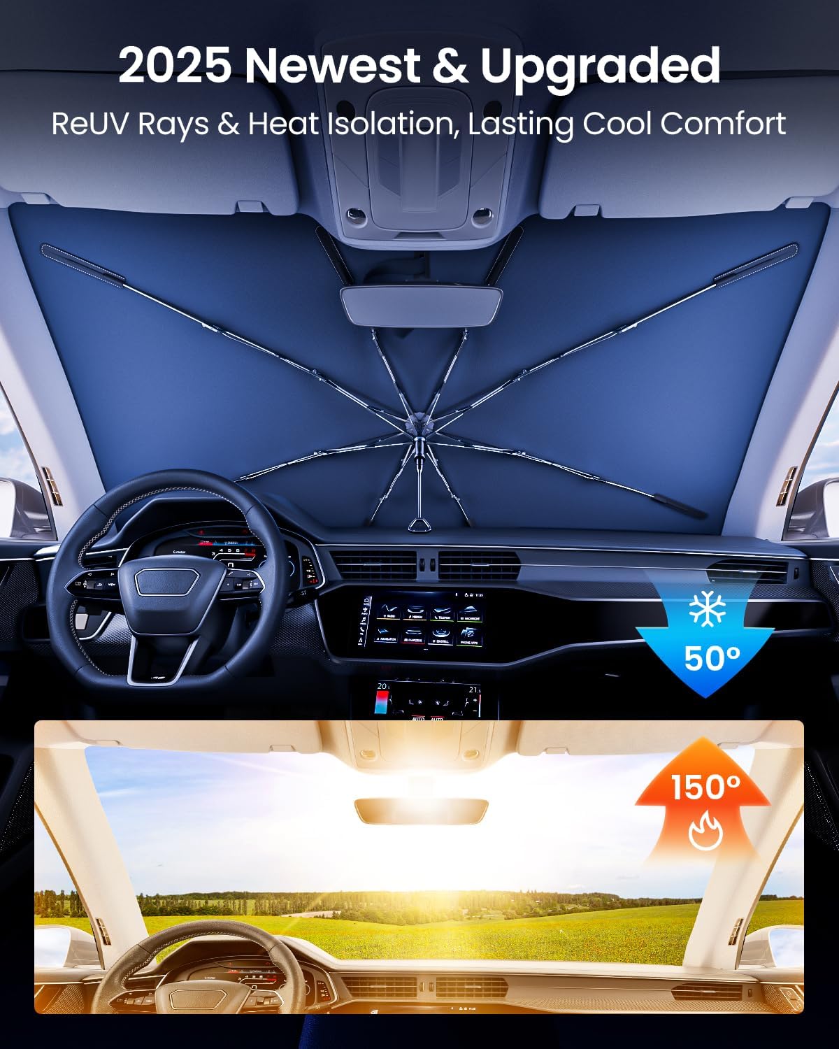REEVAA 2025 Upgraded Truck Windshield Sun Shade Umbrella [100% Sun Protection & Keep Cool] Protect Interior, 360° Flex Handle Sun Shield Sunshade, X-Large (61''x40'') for Full-Size Trcuk/MPV Car