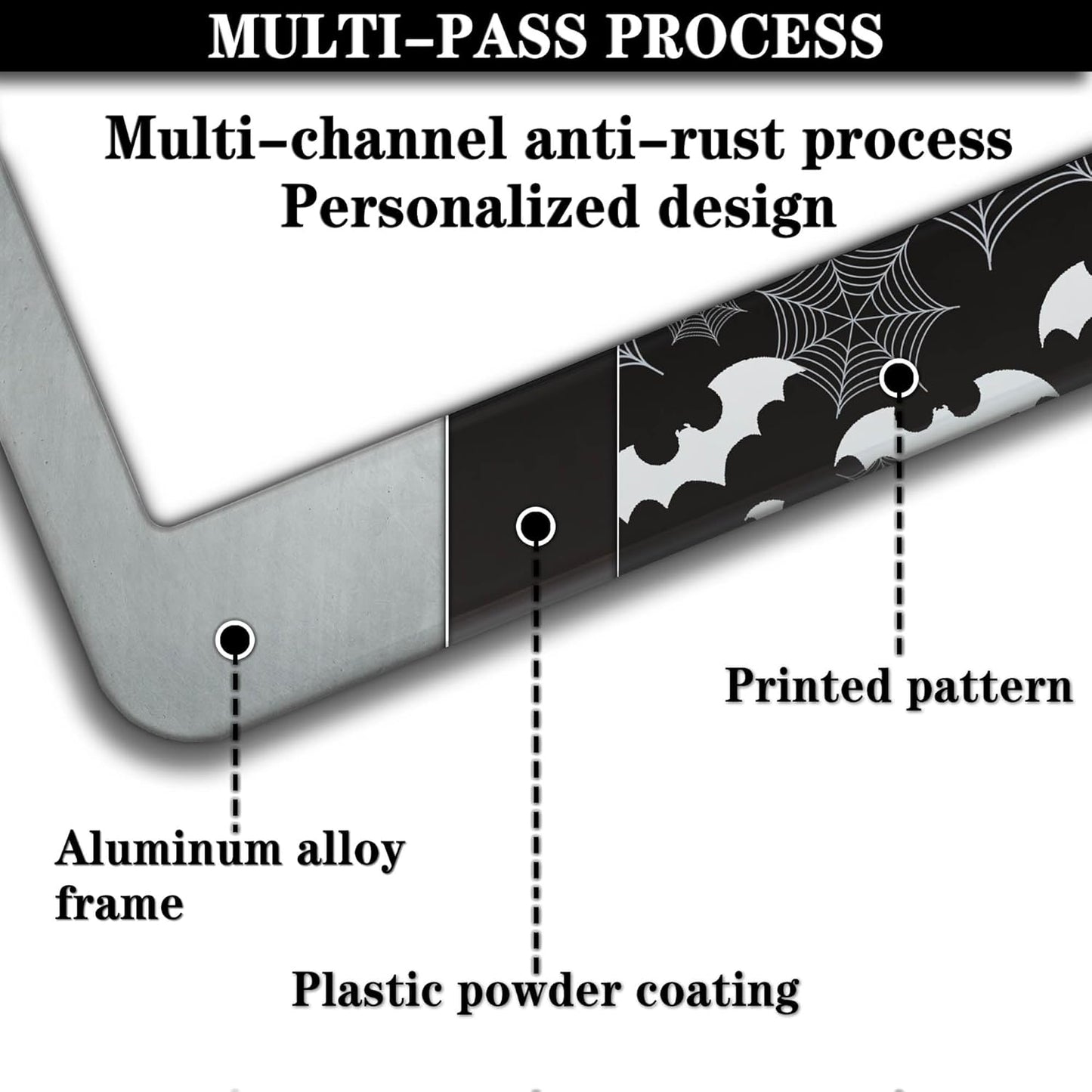 License Plate Frame Black and White License Plate Holder Spider Web Bat Universal Aluminum Car Accessory 2 Pack with Screw Covers Set