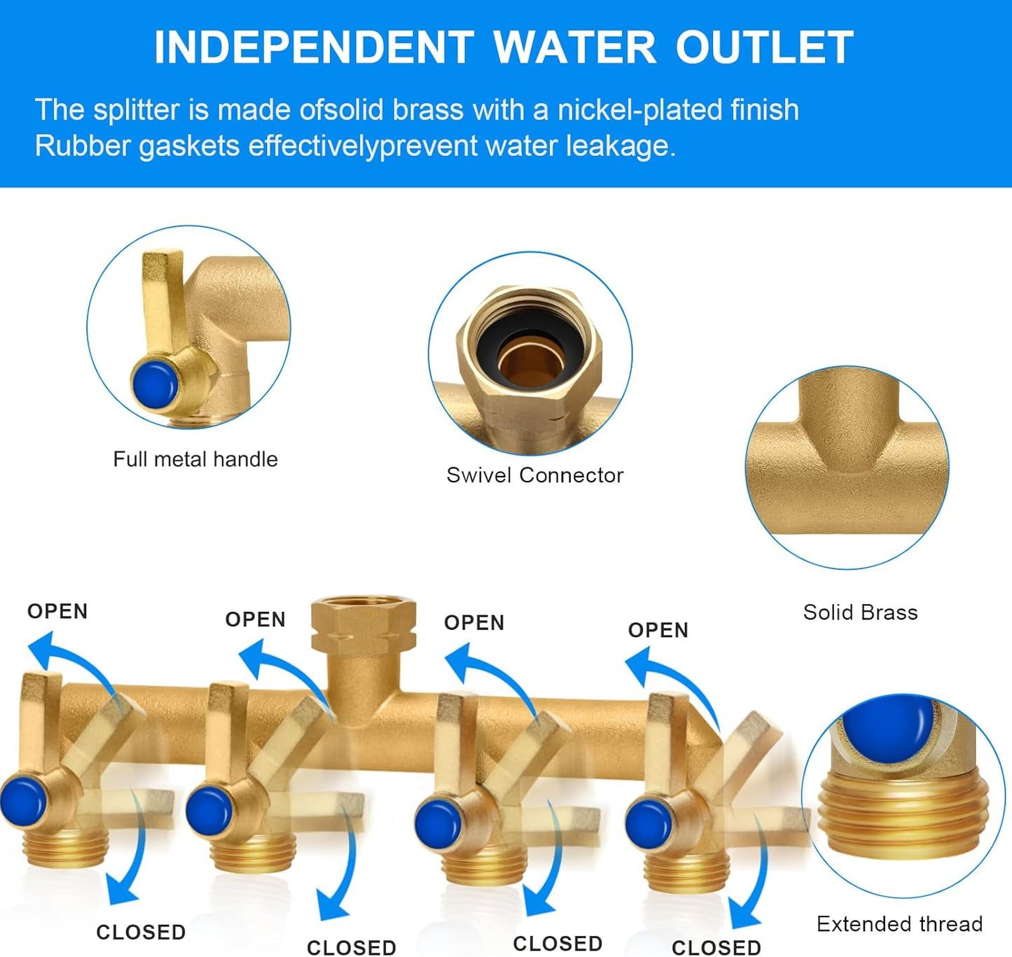 Brass Garden Hose Splitter, 4 Way Hose Splitter, Outdoor Hose Splitter, Outlet For Regulating And Shutting Off Water Flow