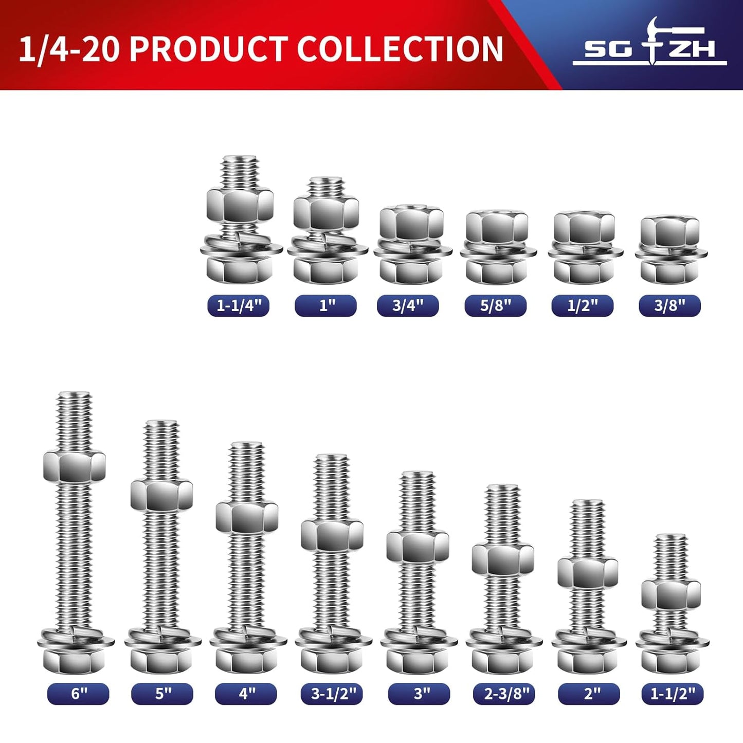1/4-20 x 3/8" Hex Head Screw Bolt, Nuts, Flat & Lock Washers, 20Pcs 18-8 (304) Stainless Steel, Fully Threaded, by SG TZH