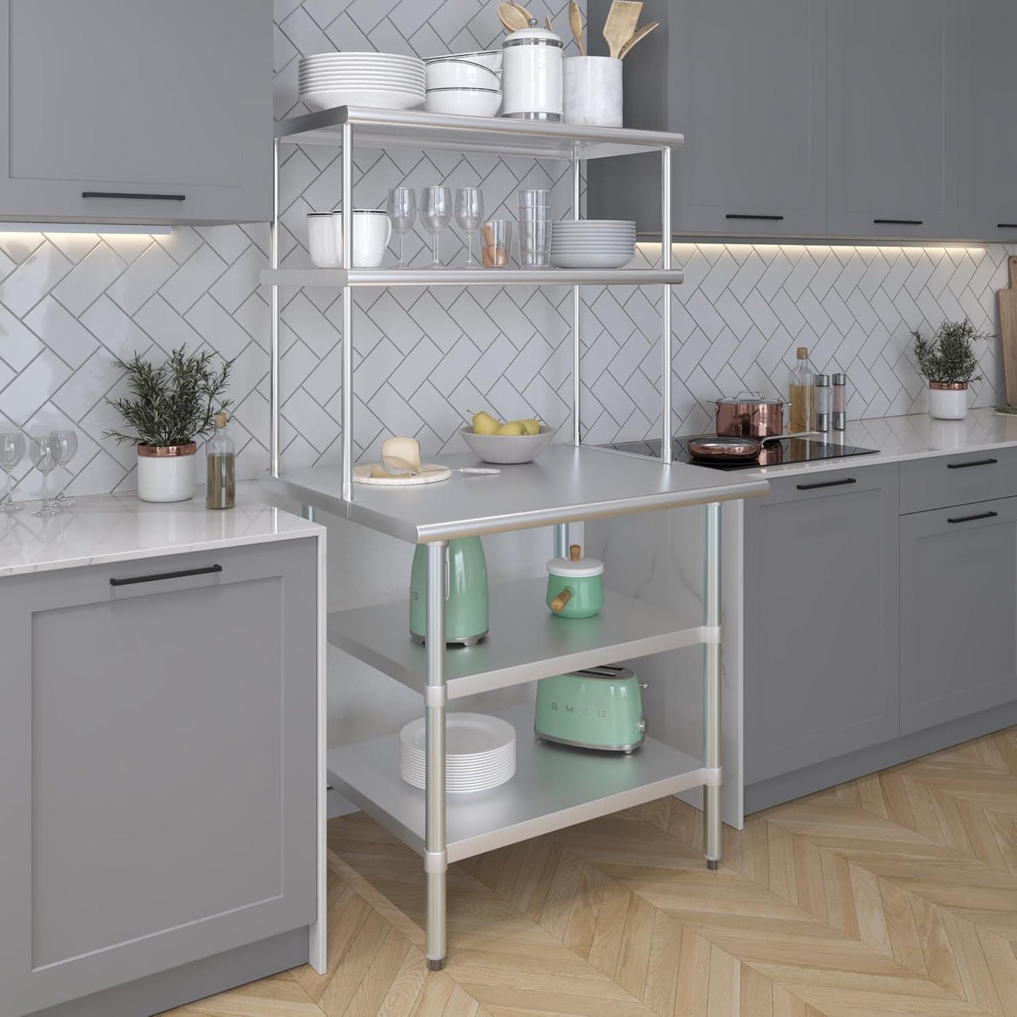 Amgood Stainless Steel Work Table with 2 Shelves | Metal Kitchen Prep Table & Shelving Combo (30" x 36" Table with 2 Shelves + 18" Overshelf)