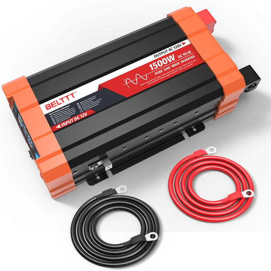 BELTTT 1500W Pure Sine Wave Inverter 12V to 120V AC, Car Power Inverter 12V to 110V Converter for RV, Truck, Solar, Off-Grid with Dual AC Socket, 5V 2.1A USB, Surge 3000W, Smart LCD Display