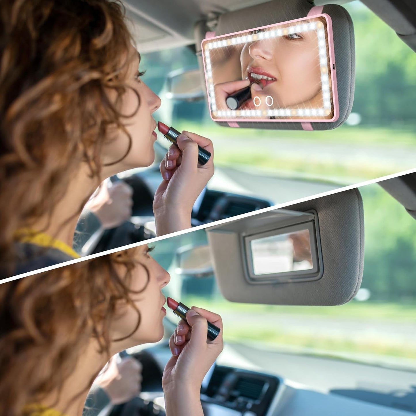 Car Sun Visor Vanity Mirror with Lights, Pink Rechargeable Car Makeup Mirror Accessories, Birthday Gifts for Women Girl, 3 Light Modes, Dimmable Touch Led Screen, Universal for Car Truck