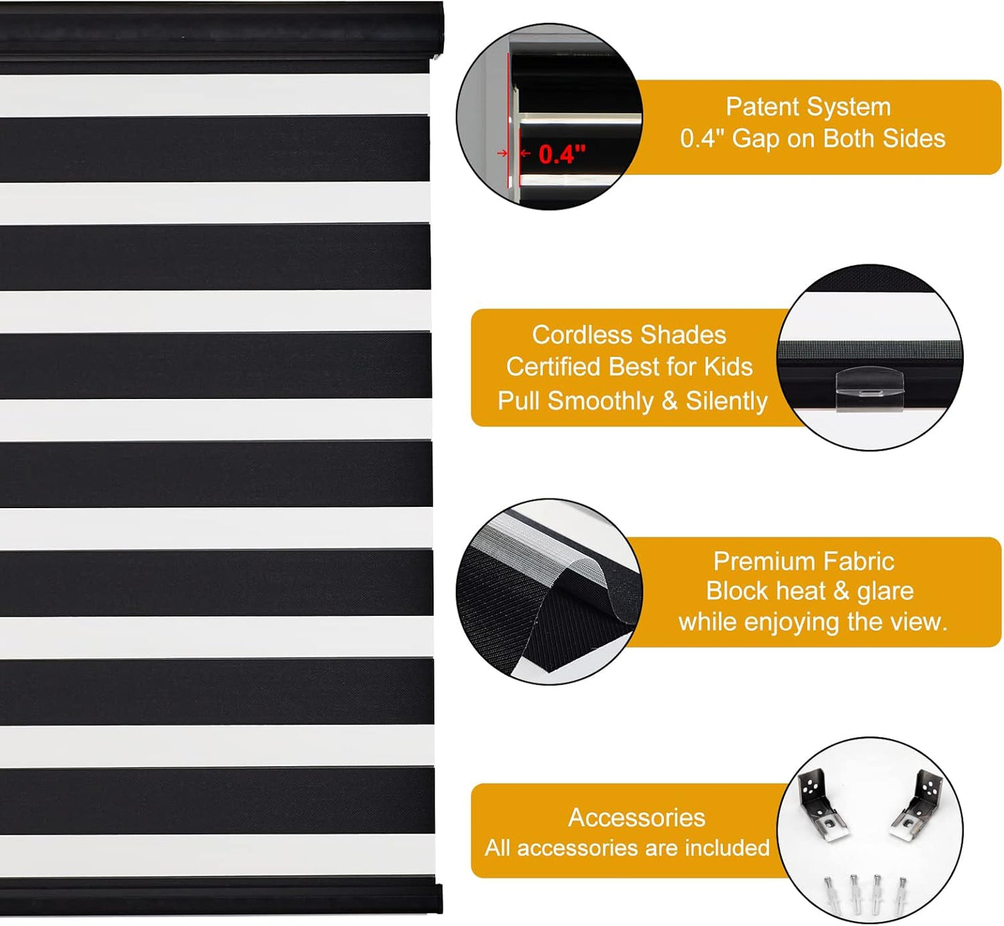 Persilux Cordless Zebra Shades (47" W X 72" H, Black) Free-Stop Window Shades Dual Layer Light Control for Day and Night, Light Filtering Sheer Blinds for Windows, Easy to Install