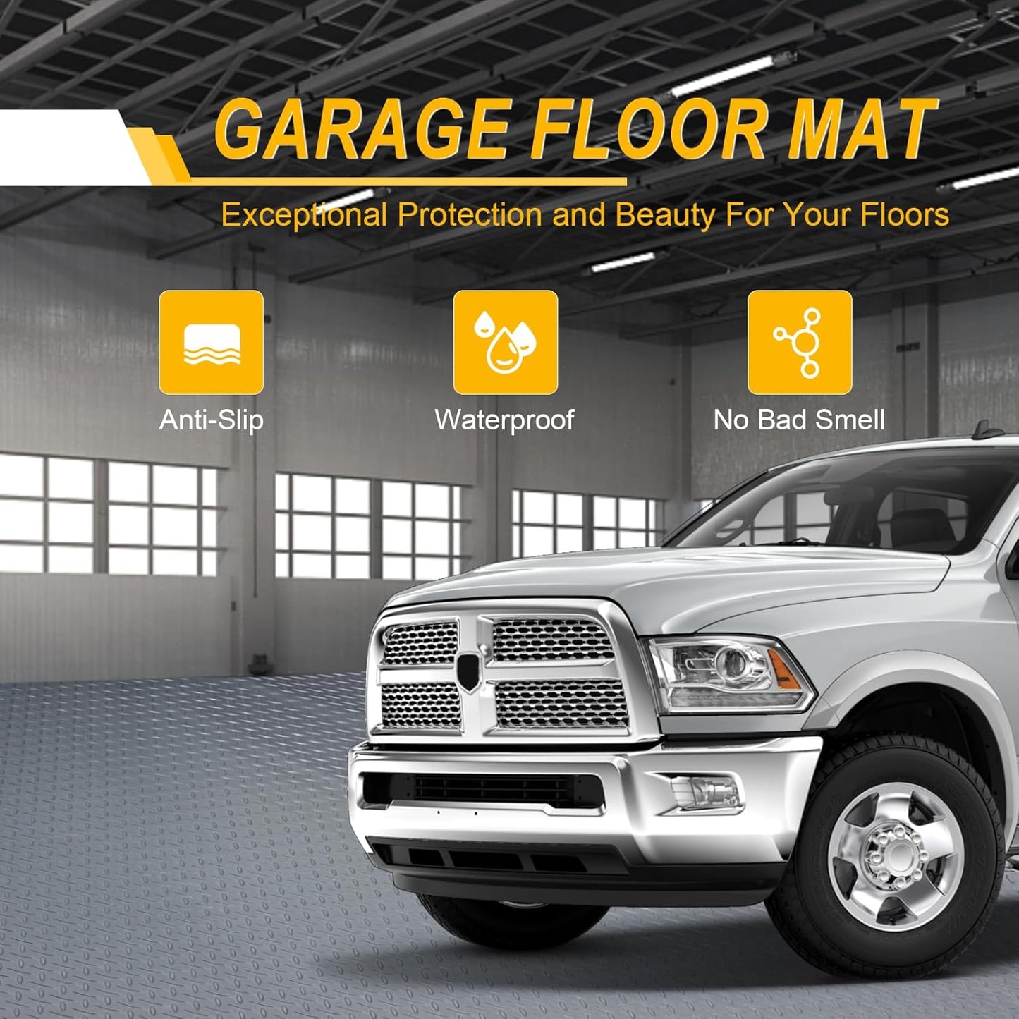 7.5x18 FT Garage Floor Mat, Flooring Roll with 20Pcs Tapes, 135 sqft Diamond Plate PVC Rubber Trailer Mat, Non-Slip Floor Mat for Garage, Warehouse, Gyms, Trailer, Pickup Truck (Grey)