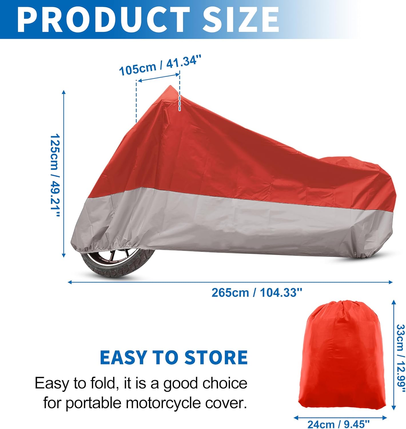 X AUTOHAUX Motorcycle Cover for Harley Davidson for Honda for Suzuki All Season Waterproof Sun Outdoor Protection Motorbike Cover Fits Up to 104.33'' Motorcycles Cover XXL Red Silver Tone