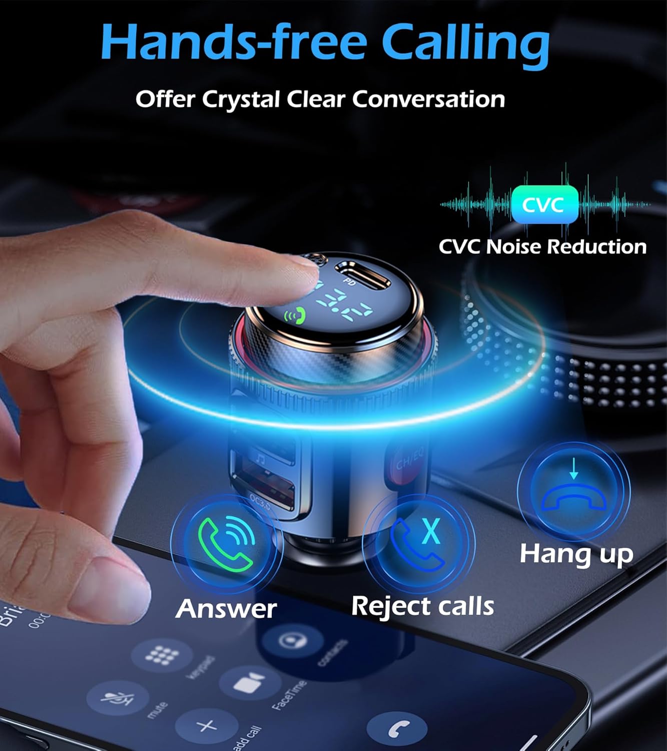 Bluetooth Car Adapter, Wireless AUX FM Transmitter, USB C&QC3.0 Dual Fast Charging, Cigarette Lighter Radio Music, Supports Hands-Free Siri Google Assistant & USB Drive, HiFi Bass Sound