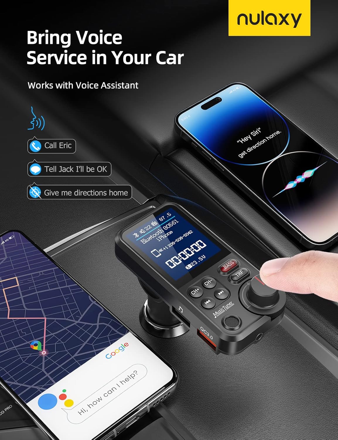 Nulaxy Bluetooth FM Transmitter for Car, 1.8" Color Screen Strong Mic Bluetooth Car Adapter with QC3.0 Fast Charger, Treble & Bass Sound Music Player, Hands-Free Calls, Supports Aux/TF Card/USB Drive