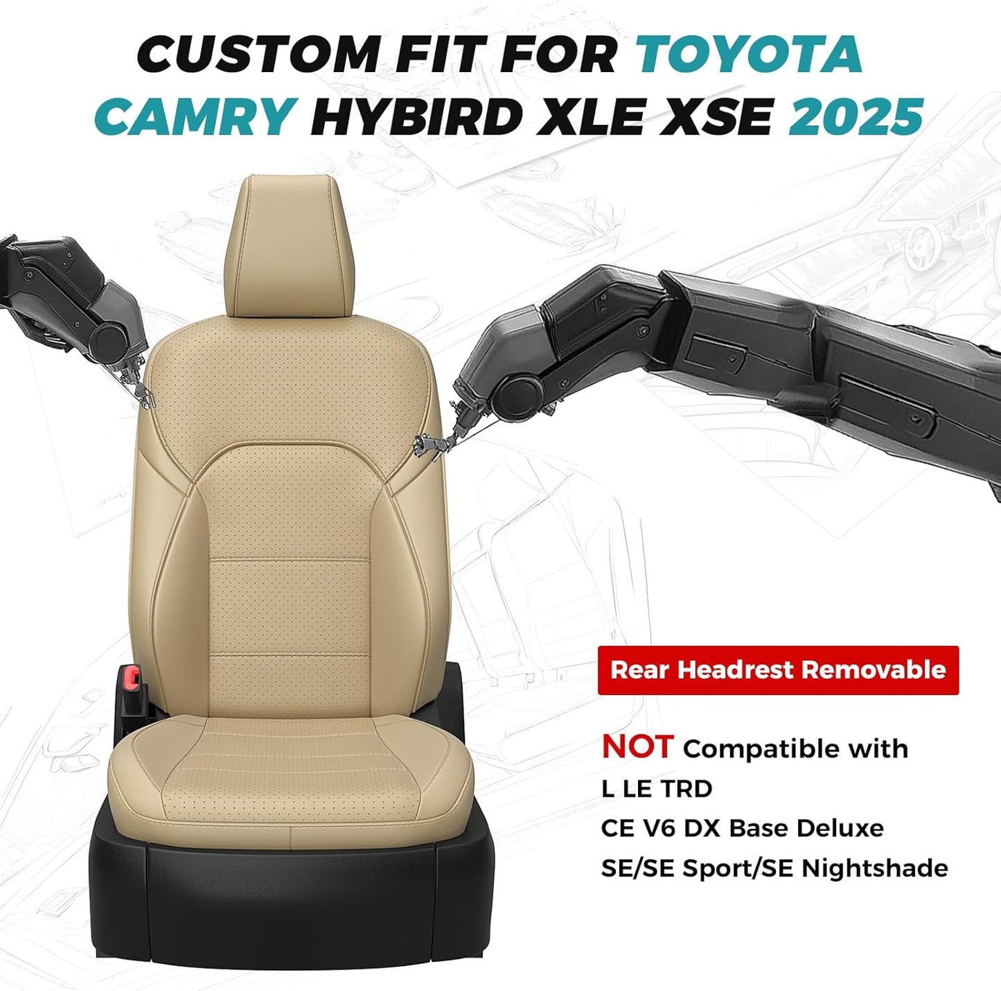 for Toyota Camry Seat Covers XSE XLE 2025 - Custom Fit Car Seat Covers Full Set, Leather Seat Covers for Cars, Waterproof Car Seat Cover, Beige