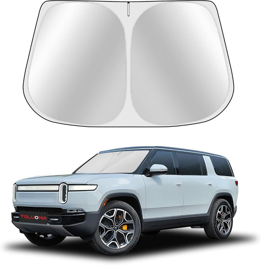Custom Fit Windshield Sun Shade for Rivian R1S 2022-2025 - Full Coverage, 210T Reflective Fabric, Double-Layer Design - Blocks 99% UV Rays, Keeps Car Cool, Easy to Install and Store