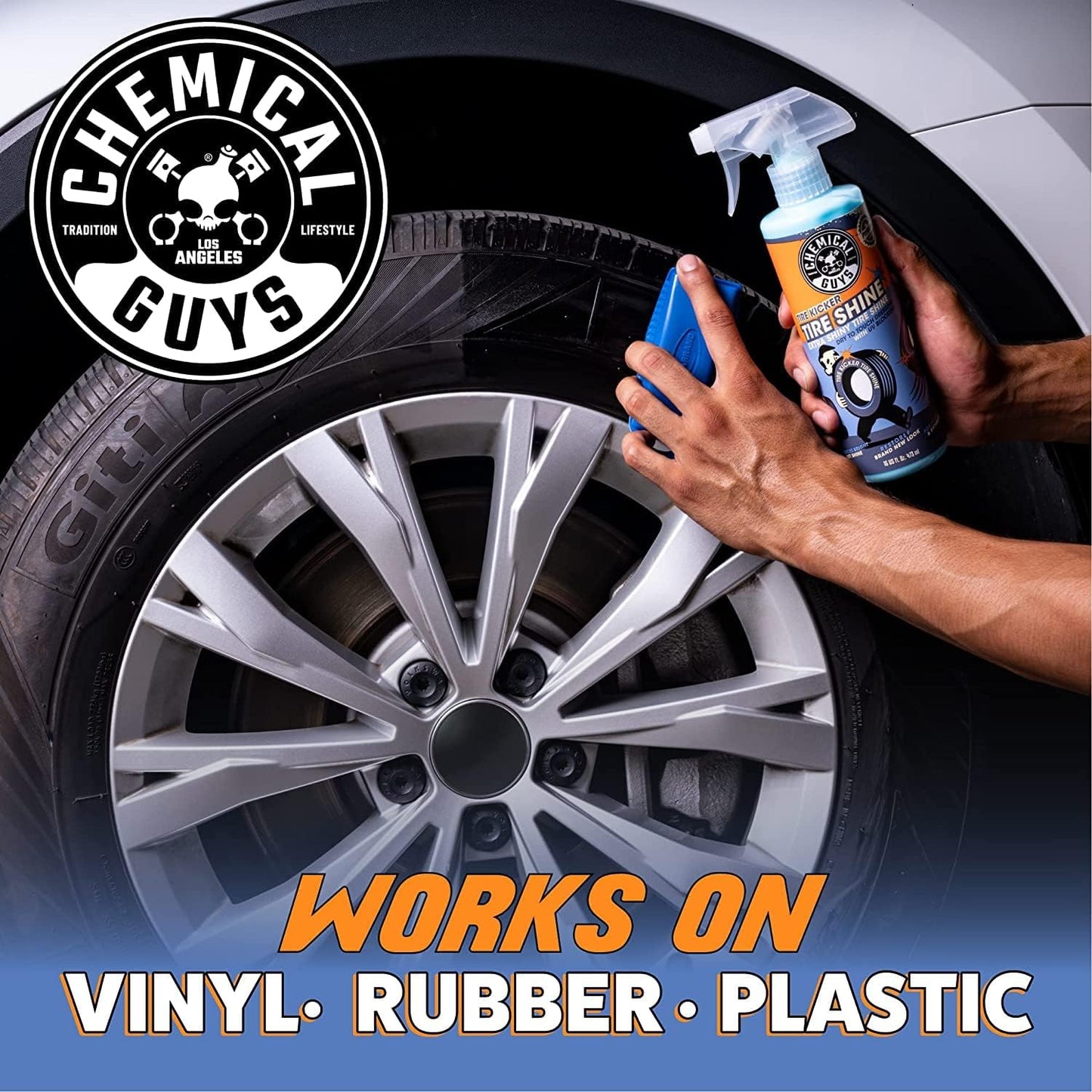 Chemical Guys Tire Kicker Sprayable Extra Glossy Tire Shine With Applicators (Works on Rubber, Vinyl & Plastic) Safe for Cars, Trucks, Motorcycles, RVs & More, 16 fl oz