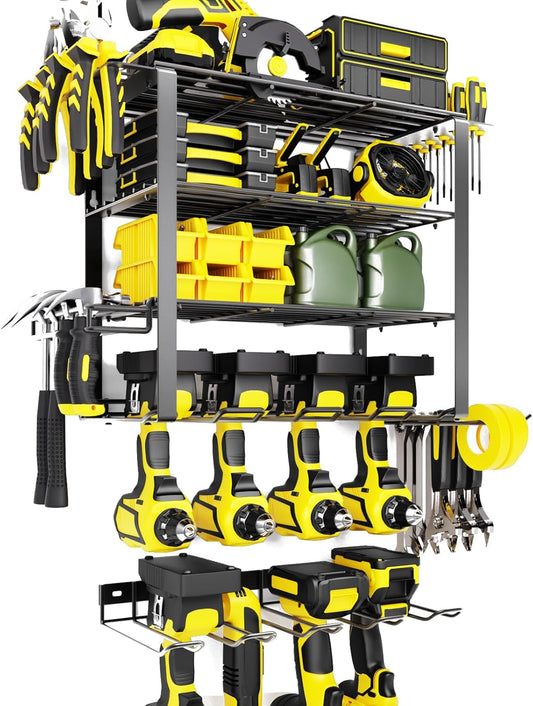 5 Layers 2 IN 1 Power Tool Organizer Wall Mount for Dad, 8 Cordless Drill Holder Garage Organization Heavy Duty Metal Loads 250LBS, Garage Shelving for Garden Power Tool Storage, Tool Rack for Men