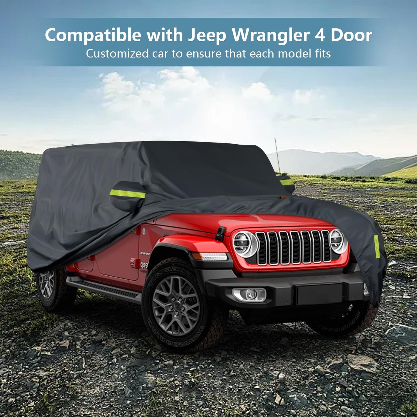 Heavy Duty Waterproof Car Cover Fit for Jeep 2009-2025 Wrangler 4 Dr,Tear & UV Resistant, Outdoor Indoor Full Car Cover with Storage Bag, Windproof Sun Rain UV Dust Snow Protection, Black