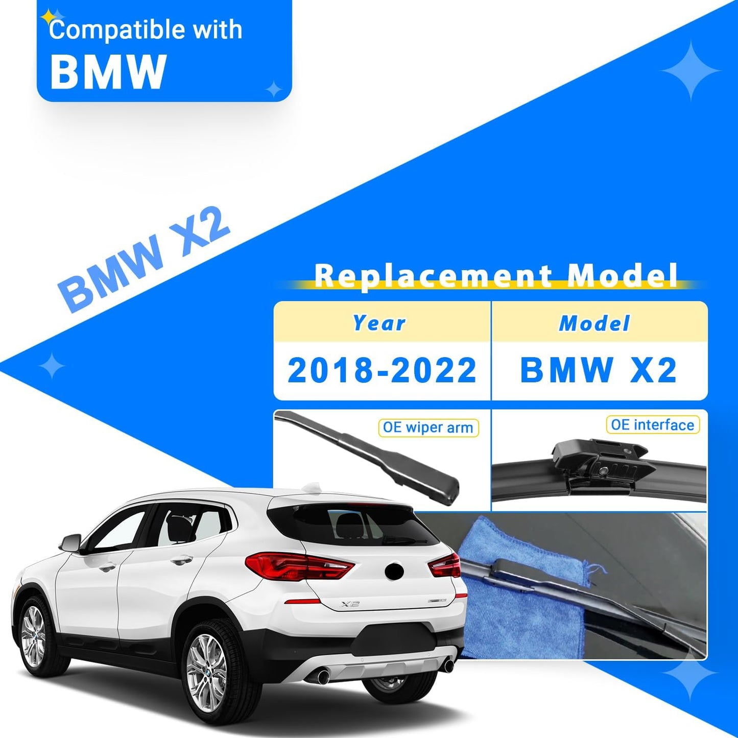 Windshield Wiper Blades Replacement for 2018 2019 2020 2021 2022 BMW X2 Original Factory Quality Front Rear Wipers Blade Set for My Car - 24" 20" 13" (Pack of 3)