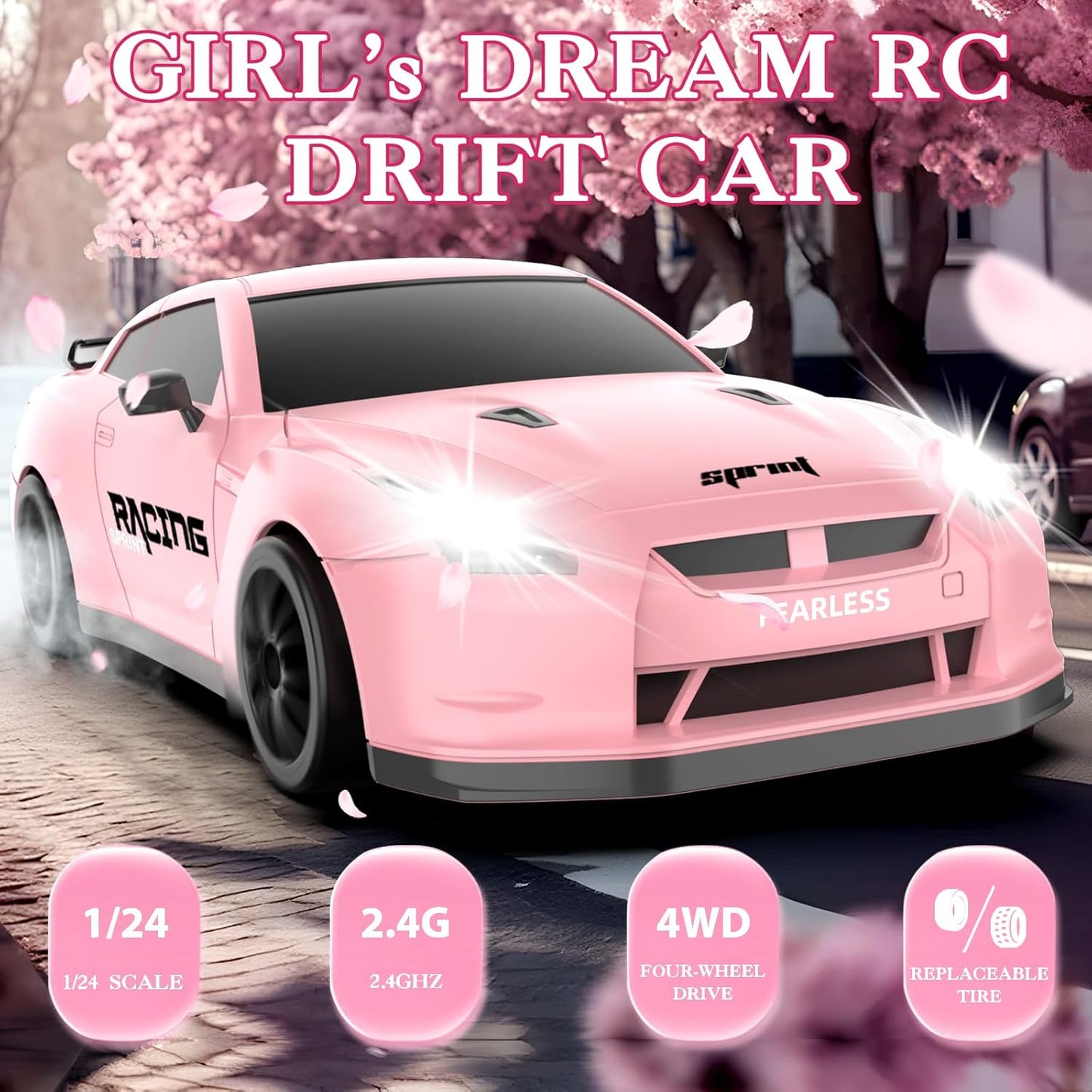 RC Drift Car, 1/24 Pink Remote Control Car for Girls, 2.4GHz 4WD High Speed Drifting RC Cars with LED Light, Two Batteries and Drift Tires, Racing Toy Cars for Kids Adults Girl Boys, Pink