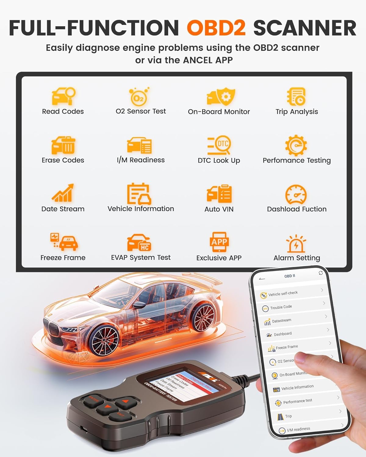 ANCEL AD310 Pro OBD2 Scanner Diagnostic Tool & Car Battery Tester & Bluetooth OBD2 Reader, Check Engine Code Reader for Car with Lights Reset Live Data, 12V 24V Battery Charging/Cranking System Test