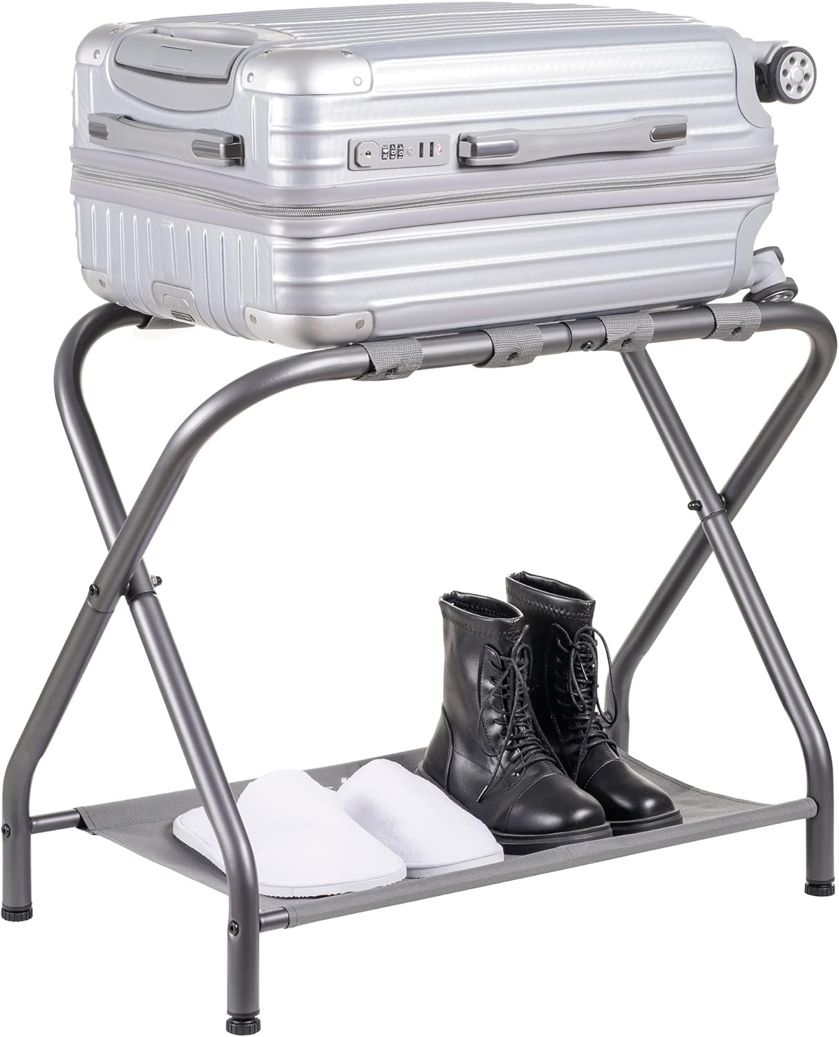 Heybly Luggage Rack, Steel Folding Suitcase Stand with Storage Shelf for Bedroom, Hotel, Foldable Steel Frame, Guest Room Bedroom Hotel, 22.8" L x 11.8" W x 20.9" H, Gray HLR004G1
