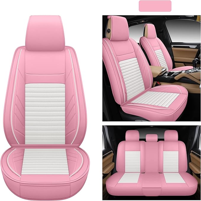 AOOG Pink Leather Car Seat Covers, Leatherette Automotive Seat Cover for Cars SUV Pick-up Truck, Universal Non-Slip Car Seat Cover Waterproof Protectors Interior Accessories, Full Set Pink