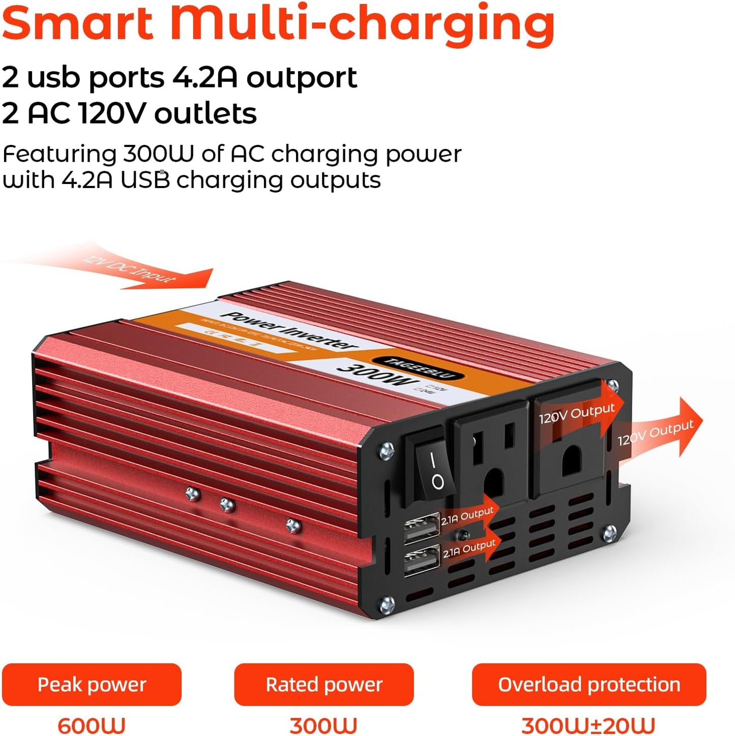 300W Power Inverter DC 12V to 110V AC Car Inverter with 4.2A Dual USB(18W) Charging Ports, Dual AC Adapter for Laptops