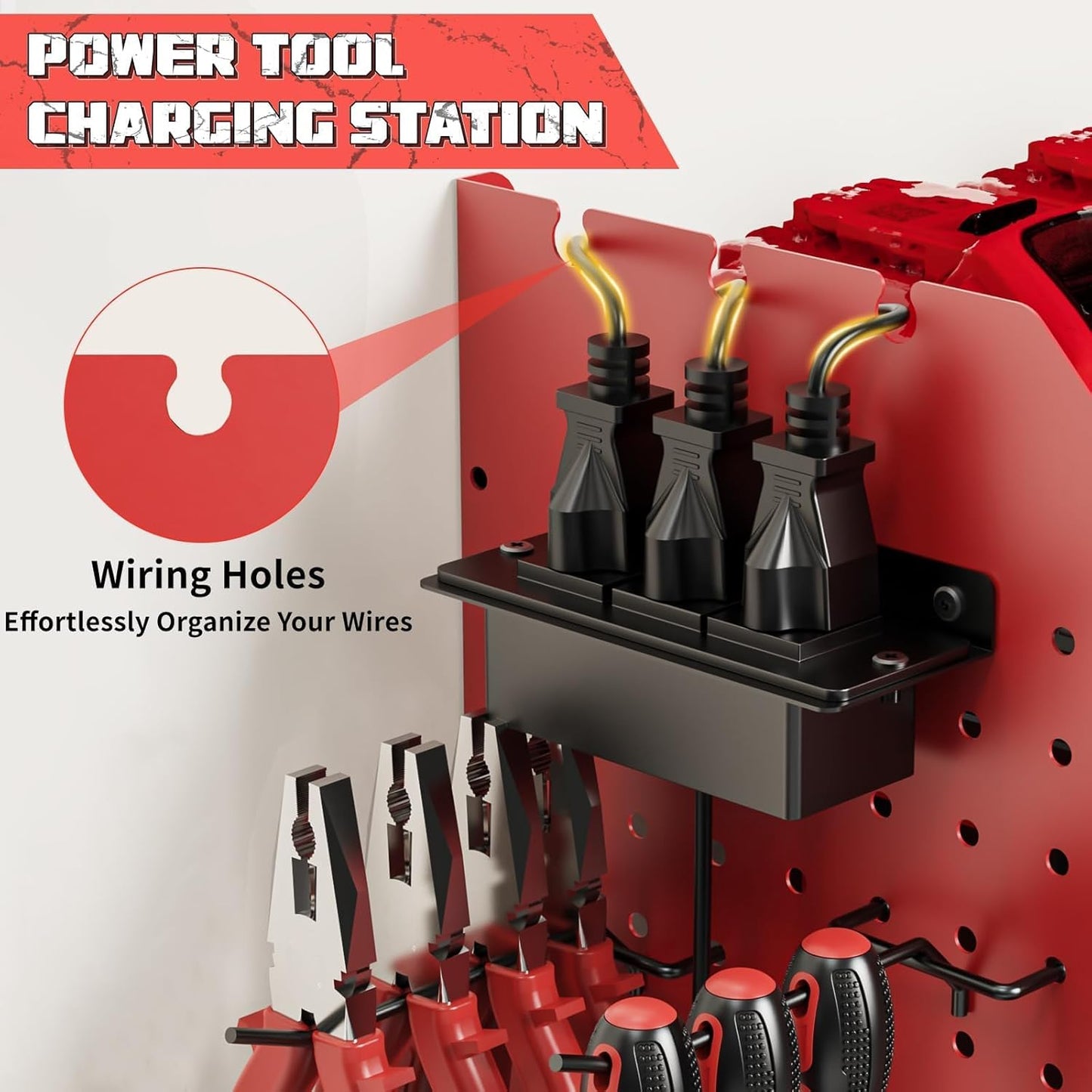 Power Tool Organizer with Charging Station Wall Mount, 3 Layer Expanded Heavy Duty Garage Organization, 45.5 Inch Length Garage Tool Storage, 8 Drills, 2 Assemble Method, Red